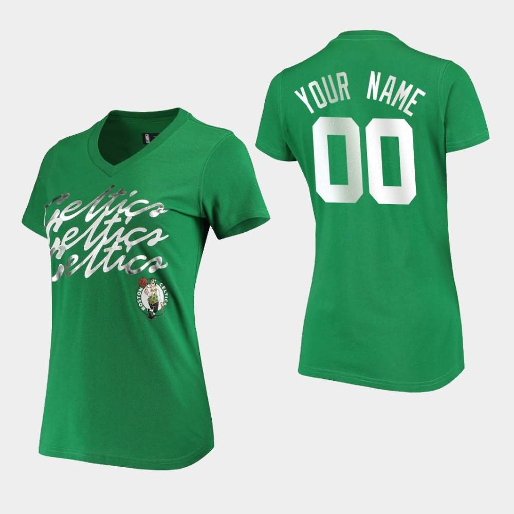 Women's Boston Celtics #00 Custom Kelly Green NBA Foil V-Neck Power Forward T-Shirt CUK52E7B